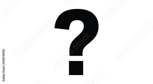 A stark black question mark dominates a plain white background symbolizing inquiry uncertainty and the search for answers