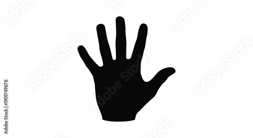 A stark black silhouette depicts a human hand with an open palm and outstretched fingers high quality professional