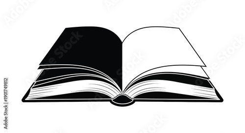 An open book is depicted in a stark black and white illustration showcasing its pages and spine