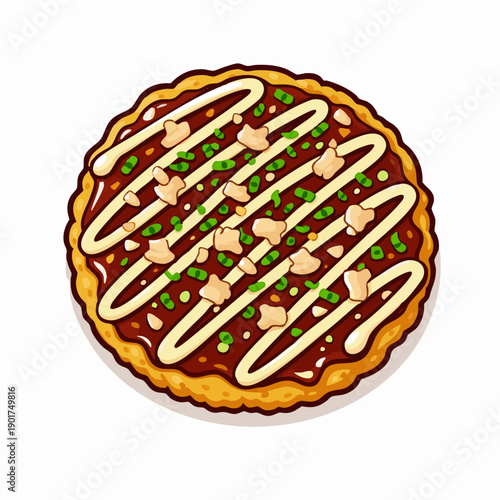Okonomiyaki

Flat vector illustration of Japanese okonomiyaki, savory pancake with sauce drizzle and mayonnaise lines, top-down view, minimal flat vector style