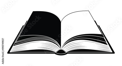 An open book illustration depicted in stark black and white suggests knowledge learning and the potential for storytelling