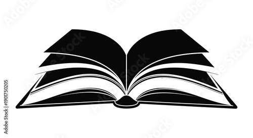 An open book is depicted in black and white with pages fanned out suggesting knowledge and learning