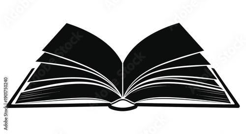 A minimalist black and white illustration depicts an open book showcasing its pages and spine high quality professional