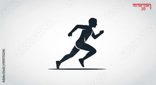 Athlete running in motion dynamic black silhouette on gray background with red vector icon