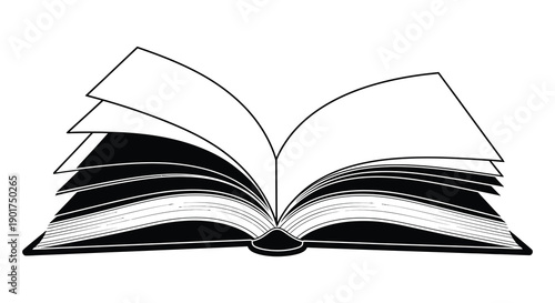 An open book is depicted in a simple black and white line drawing showcasing its pages and spine