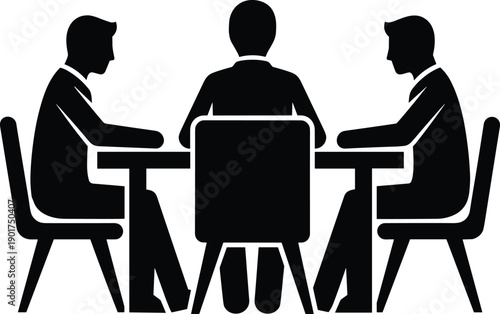 Business meeting silhouette illustration of three professionals at conference table, corporate discussion teamwork concept, negotiation strategy, leadership, management communication design
