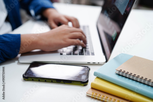 Teenage using tablet for communication, search data internet website to learn.