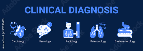 Clinical Diagnosis web banner icon concept, with Cardiology, Neurology, Radiology.