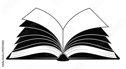 An open book with thick layered pages is depicted in a stark black and white illustration high quality professional detailed