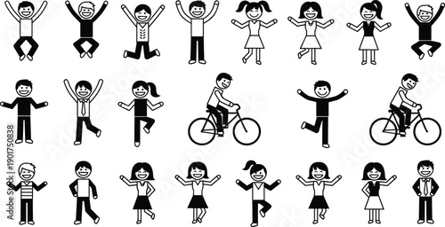 Cartoon stick figures, joyful people, dancing icons, jumping characters, bicycle riders, expressive poses, male female figures, playful activity, happiness illustration, fun