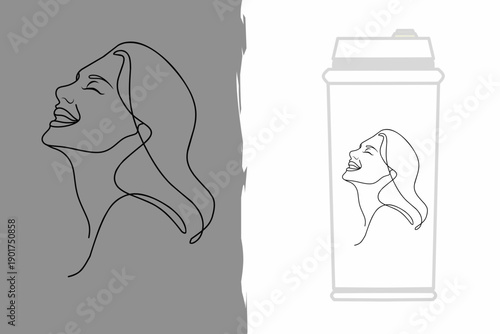 Minimalist line art illustration of a woman face applied on tumbler mockup