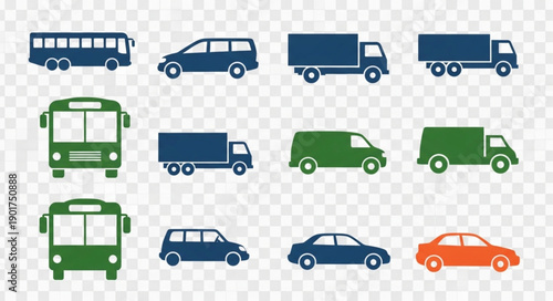 Collection of various vehicle icons for transportation and logistics.