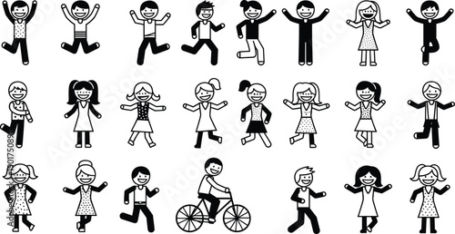 Children stick figures, playful kids, cartoon icons, joyful activity, happy children, diversity illustration, fun poses, bicycle rider, excitement, childhood design