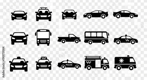 Collection of Various Vehicle Silhouettes on Transparent Background.
