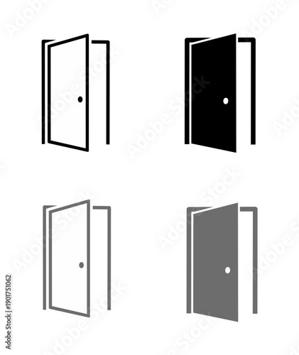 Set of open doors vector illustration. Set of open door icons in outline and flat styles, featuring black and gray variations for modern graphic design