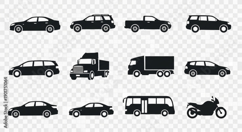Collection of Various Vehicle Silhouettes on Transparent Background.