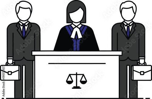 Courtroom Scene with Judge and Lawyers Prosecution Vector