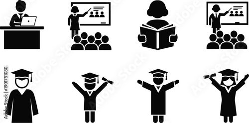Education icons, graduation symbols, student learning, teacher teaching, online study, academic success, diploma achievement, university graduate, classroom training, scholarly knowledge