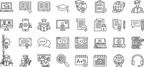 Education icons, online learning, digital classroom, graduation cap, study material, certificate achievement, student symbol, global education, e-learning design, knowledge