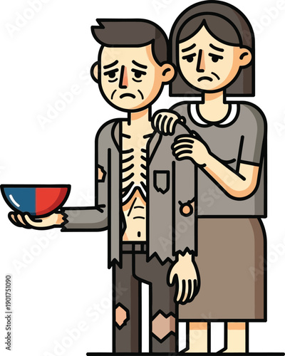 Illustration of Poverty and Hunger Homeless People Vector