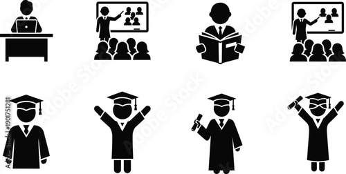 Education icons, student learning, teacher teaching, classroom lecture, online study, reading book, graduation ceremony, diploma achievement, academic success, scholarly knowledge