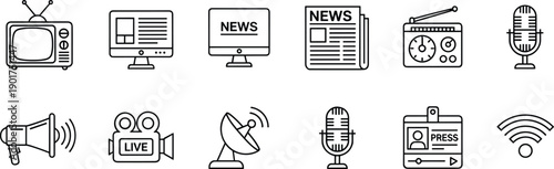 Media icons, communication tools, journalism symbols, broadcasting devices, digital news, press badge, microphone icon, satellite dish, television set, radio