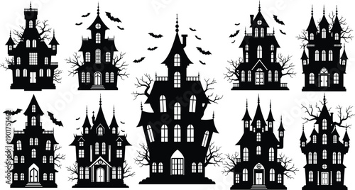MobileHaunted house silhouettes set, spooky gothic mansions, Halloween horror architecture illustration, creepy castle collection, dark fantasy buildings, bats trees night