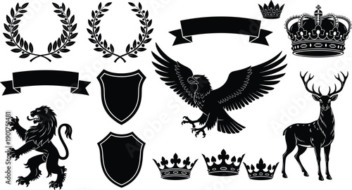 Heraldic icons, laurel wreath, blank banner, eagle symbol, lion emblem, stag illustration, shield design, crown royalty, coat of arms, insignia