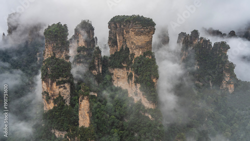 Stunning mountain scenery. The famous rock pillars  are shrouded in fog. Green vegetation on steep slopes. Peaks in the clouds. China. Zhangjiajie National Forest Park. Avatar