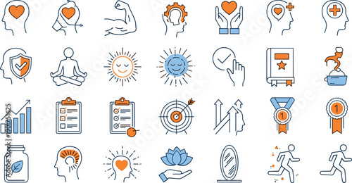Mental health icons, wellness symbols, self-care graphics, emotional intelligence, personal growth, mindfulness design, therapy support, fitness activity, motivation, achievement