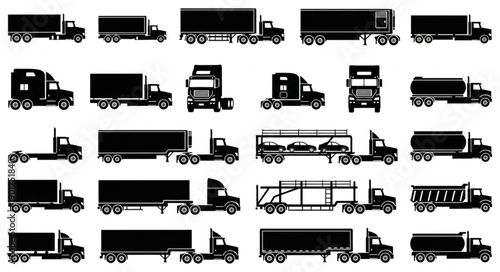 Collection of Truck Silhouettes Various Types Transportation.