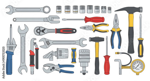 Collection of various hand tools and mechanical equipment.