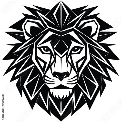 Black lion head with a fierce expression looking forward