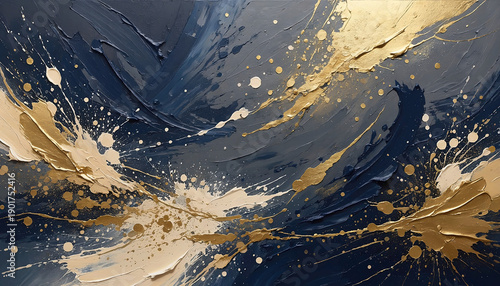 Textured Abstract Painting with Dynamic Golden and Deep Blue Strokes