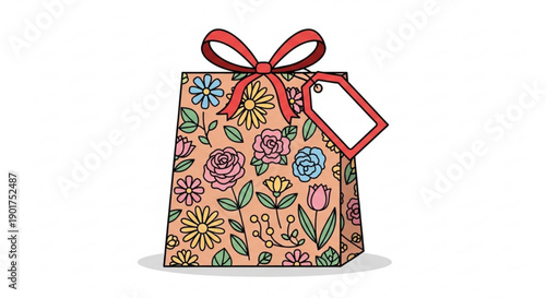 Colorful floral gift bag with red ribbon and blank tag for presents or shopping