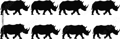 Rhinoceros silhouette set, wild rhino walking poses isolated on white background for wildlife safari design collection