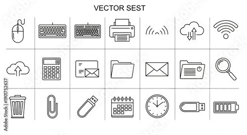 Vector Line Icons Set for Digital Technology, Office Tools, and Data Management