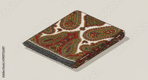 Folded scarf with intricate paisley pattern in red green and brown on white background with black fringe