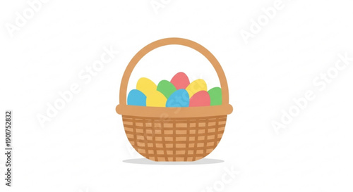 Colorful easter eggs in a traditional wicker basket on white background symbolizing springtime and holiday celebrations