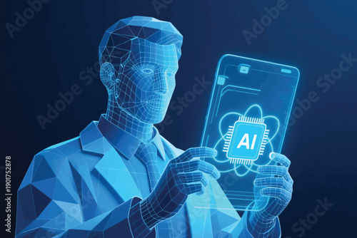 Illustration Of A Hologram Scientist Carrying A Panel Screen With A Processor Symbol Vector Design Template