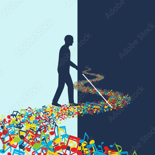 Blind man following a path of colorful musical notes with a cane