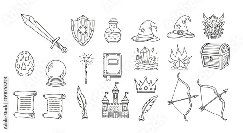 Fantasy RPG Line Art Icons Set: Magic, Weapons, Treasure, and Adventure Elements Doodle Collection.