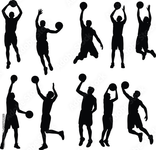 Basketball player silhouette set in action poses, dunking and shooting athletes collection, sports training and competition design elements isolated on white background.