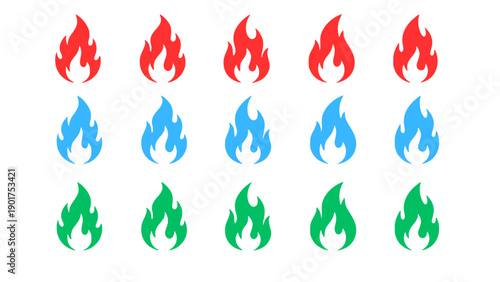 A set of red, blue, and green flame icons representing fire, heat, and energy concepts.