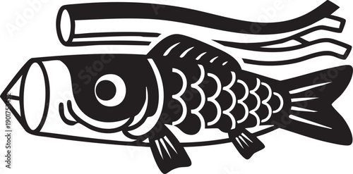 Silhouette of a Koinobori carp streamer, a Japanese cultural symbol for Children's Day, isolated on white background