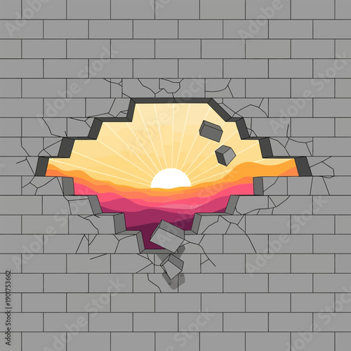 Cracked brick wall breaks open to reveal a vibrant sunset landscape with rolling hills