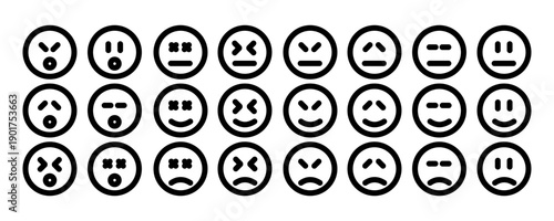 Collection of simple emoticon face icons showing various emotions and facial expressions. Ideal for user interface design, mental health concepts, mood tracking, and digital communication visuals.