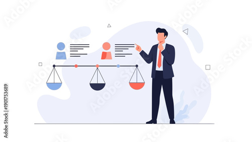 Business man balancing options on scales, decision making, strategy, planning