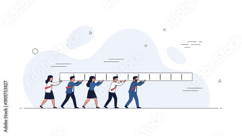 Teamwork pushing heavy bar, business collaboration, support, unity, progress, vector illustration