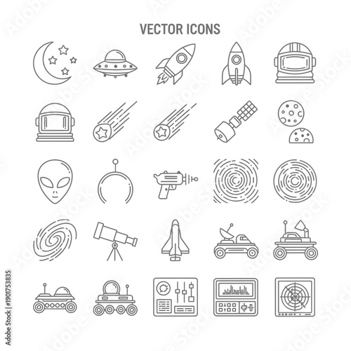 Galaxy, Astronaut, and Space Exploration Outline Vector Icons Set